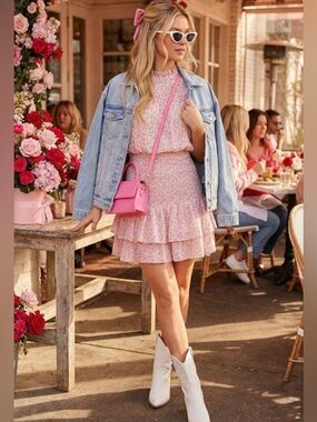 Smocked Waist Pink Floral Ruffle Mini Dress